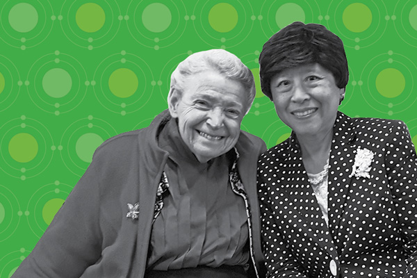 Deborah Chung with Mildred Dresselhaus against a green background