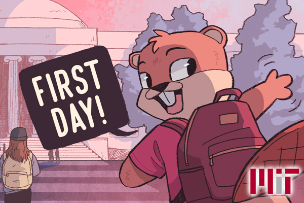 Adorable illustration of student beaver holding a "first day" sign with Great Dome in background