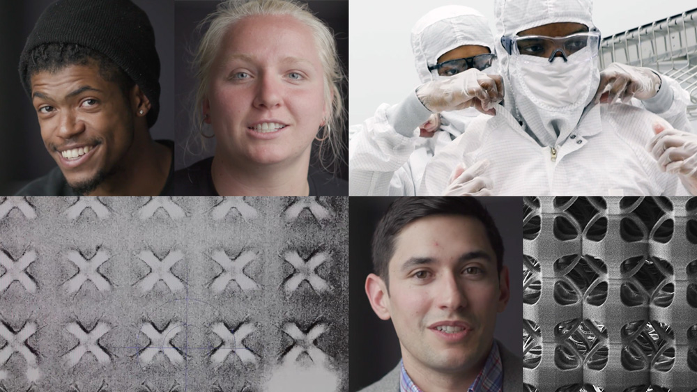 Photo collage shows 3 smiling faces, nano-scale lattice imagery, and a photo of 2 people in clean suits.