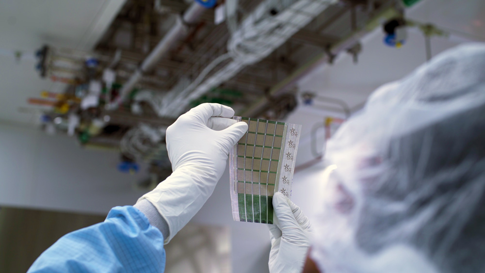 Gloved hands hold a sheet containing 6x5 grid of solar cells.