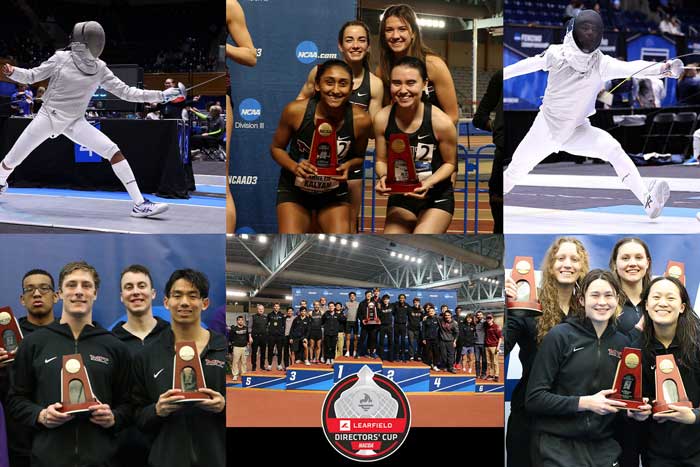 6 photos of MIT athletes, including 2 fencers and 4 group photos of athletes holding medals at an event