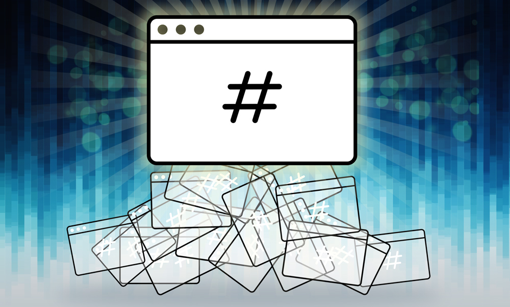 A stylized pop-up screen has a “hash” icon. Many other translucent versions of the screen pile up below, on a decorative background.