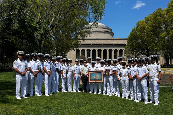 crew of the Mexican Naval Ship Cuahutemoc standing in uniform in front of MIT's Great Dome