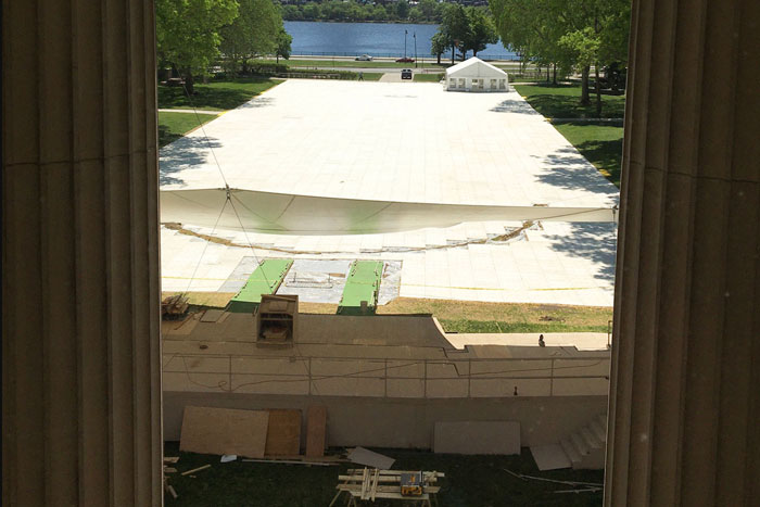 View of Killian Court, as a giant white tent is being erected