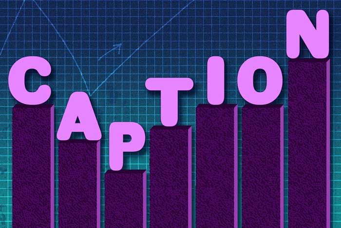 On a blue gridded background is a purple bar chart with 7 bars. On top of each bar is a letter. Across the image, the letters spell “Caption.”