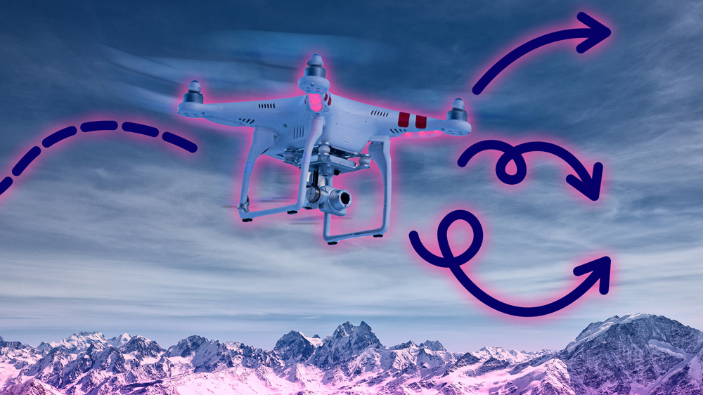 A drone flies over snowy mountains, and glows pink. The drone’s previous path is marked with a dotted line. There are 3 possible trajectories for the drone to take going forward, represented by lines.