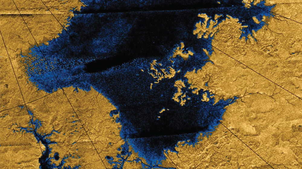 An image showing Titan's river and lake system 