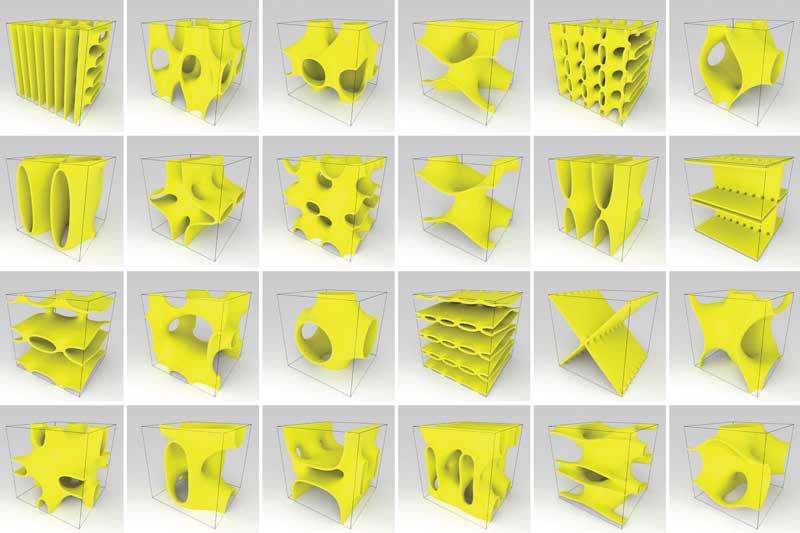A 5x3 grid shows renderings of yellow objects. The objects have dynamic, bizarre shapes with large holes and a mix of smooth curved and straight surfaces. 