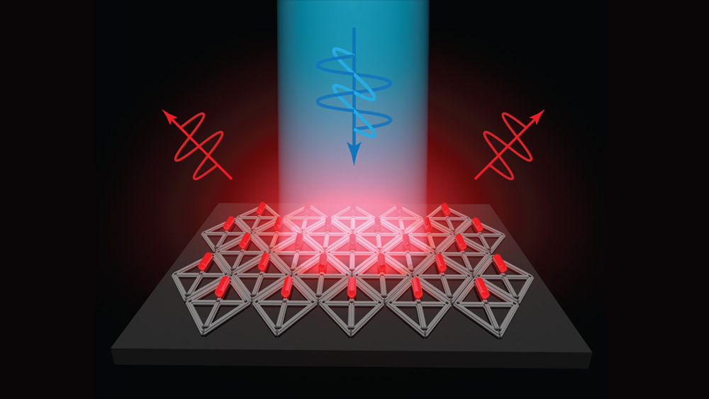 : A blue squiggle-like DNA graphic points down in the center emitting light downwards. Two red DNA graphics are inverted and pointed up beside it. A structured array composed of triangular rods lie flat on dark gray surface, while the top rows of the arrays contain pieces resembling red pills.