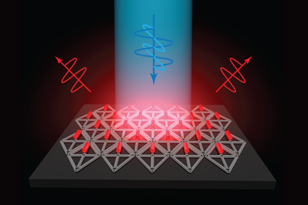 : A blue squiggle-like DNA graphic points down in the center emitting light downwards. Two red DNA graphics are inverted and pointed up beside it. A structured array composed of triangular rods lie flat on dark gray surface, while the top rows of the arrays contain pieces resembling red pills.