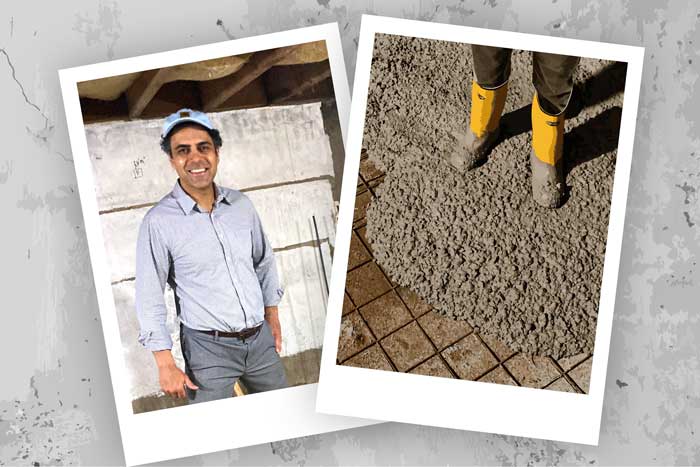 Two photos, with Rouzbeh Savary on left. On right, yellow boots in a pool of cement.