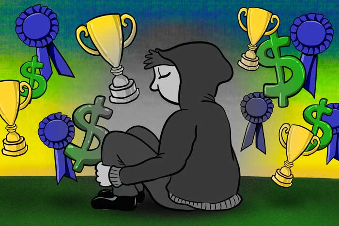 Cartoony Illustration shows a sad person with arms around their knees, in a grey shadow, surrounded by colorful icons of blue ribbons, trophies, and dollar signs. 