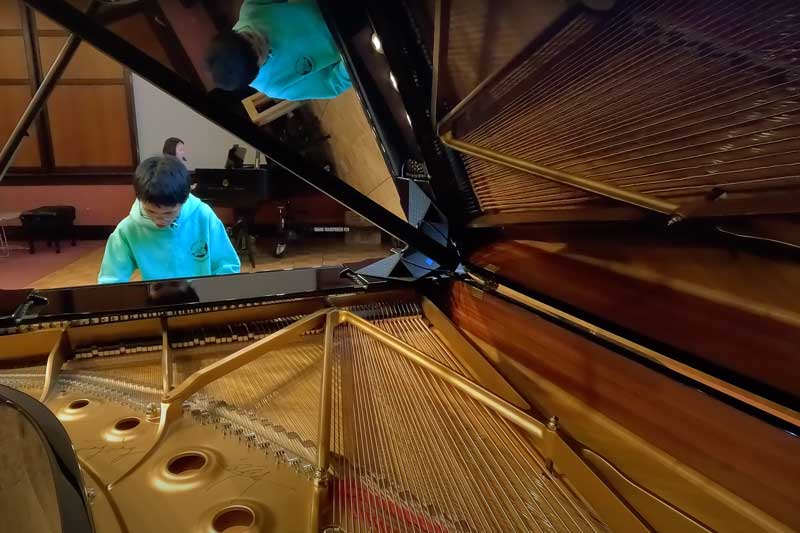 Dynamic photo of the raised lid of a majestic piano as a person plays