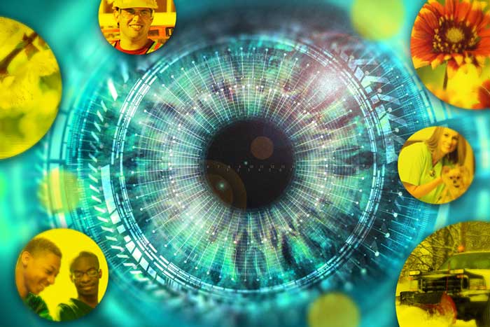 A blue-tinted human eye has a robotic-like overlay. The edges of the image have yellow circles showing scenes like people smiling, flowers, and a truck. These circles get blurrier the further away from the eyeball they are.