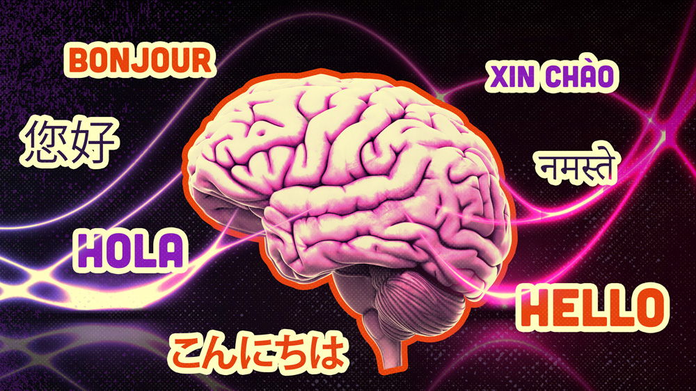 In the center is a brain. Around the brain, the word “hello” is written in the language French, Japanese, Spanish, Vietnamese, Hindi, Chinese, and English.