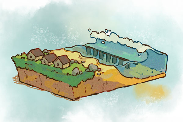 illustration of an architected reef protecting buildings on a shoreline