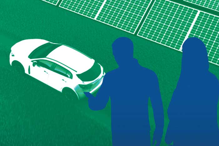 Illustration of 2 people silhouettes, electric car, and solar panels 