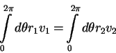 \begin{displaymath}\int\limits_0^{2\pi } {d\theta r_1 v_1 = } \int\limits_0^{2\pi } {d\theta
r_2 v_2 }
\end{displaymath}