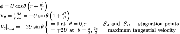 \begin{displaymath}\begin{array}{l}
\phi = U\cos \theta \left( {r + \frac{a^2}{...
...ial velocity } \\
\end{array}} \right. \\ \end{array} \notag
\end{displaymath}