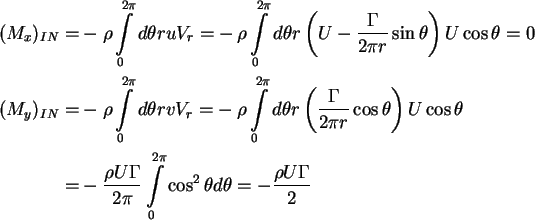 \begin{align}(M_x )_{IN} = & - \rho \int\limits_0^{2\pi } {d\theta ruV_r = } -
...
...^{2\pi } {\cos ^2\theta d\theta = - \frac{\rho U\Gamma }{2}} \notag
\end{align}