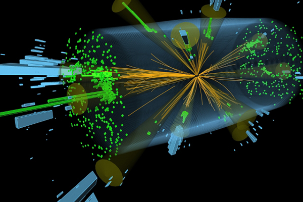 This illustration shows a multi-jet event recorded by the CMS detector at the Large Hadron Collider
