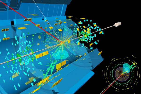 A candidate event display for the production of a Higgs boson decaying to two b-quarks (blue cones), in association with a W boson decaying to a muon (red) and a neutrino.