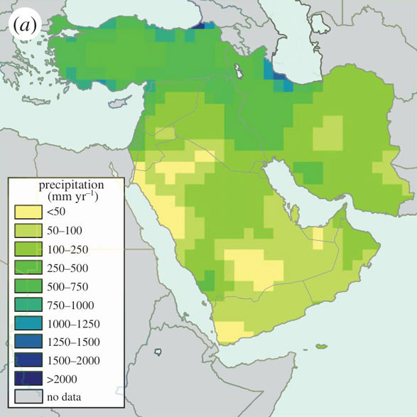 Average annual precipitation (mm/yr) distribution over the Middle East for the period 1961-1990