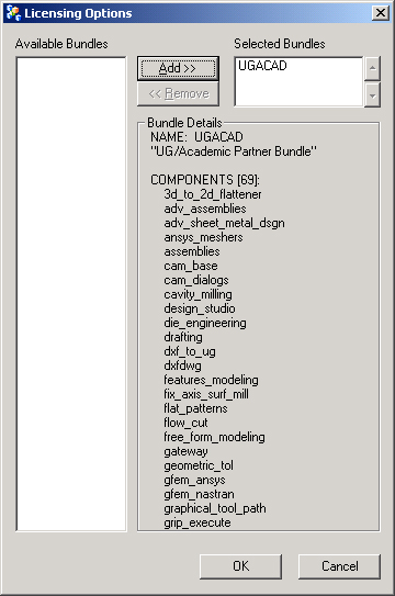 image of licensing options dialog with UGACAD bundle selected