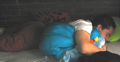 Ethan sleeping with his bed buddies