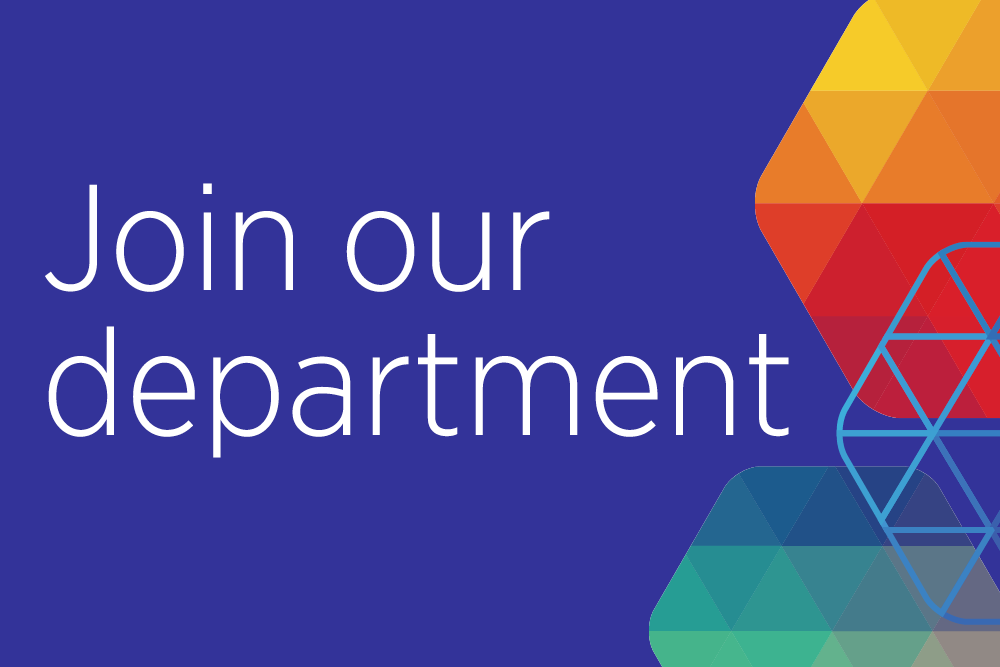 Graphic with colored hexagons on the right edge on blue background, with the words join our depratment, MIT