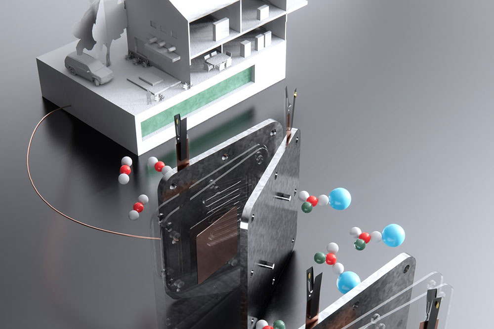 A white model house on top; a fuel cell sandwiched in between two metal plates with spherical molecules floating around it