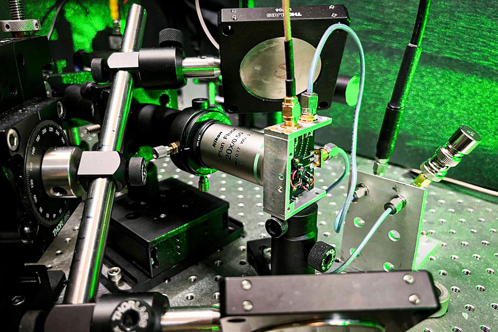 Detail of quantum sensor instrumentation with green cast, MIT