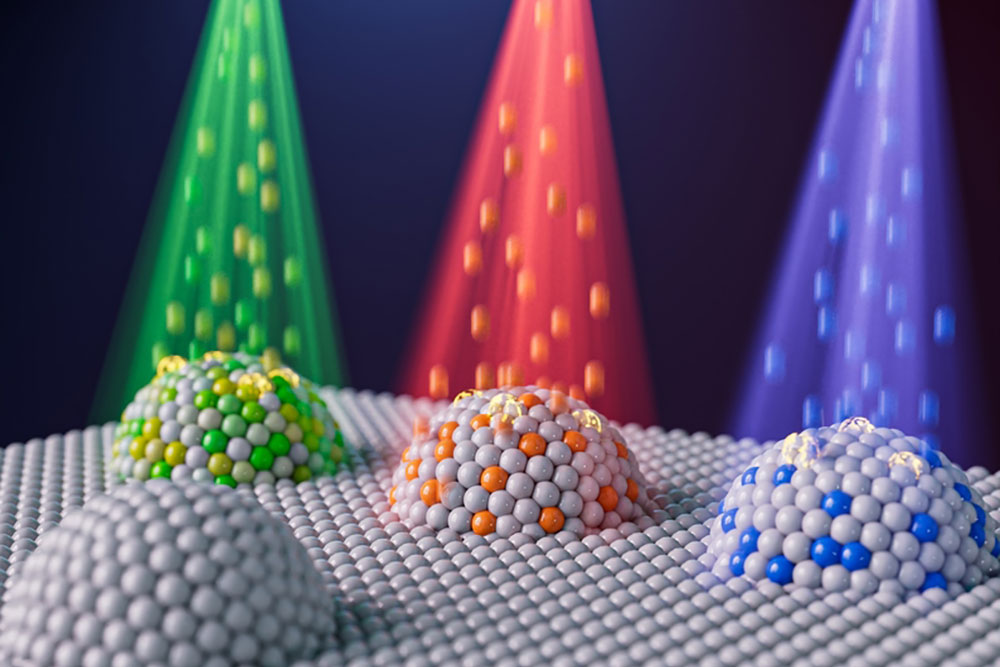 Artist’s concept of four domes comprised of spheres representing nanoparticles. Three of the domes have different colored particle beams shining down on them.