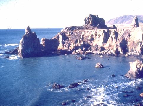 Elevated wave cut terraces and elevated stacks, Near Port San Luis, California.