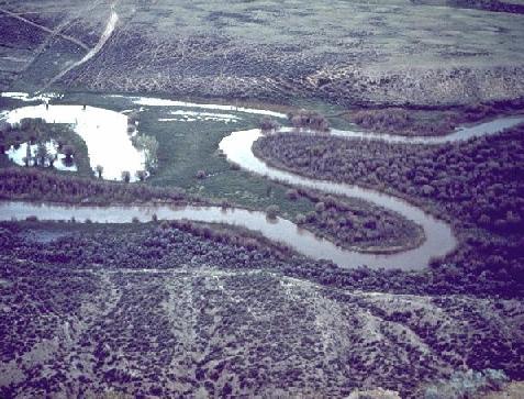 Meandering Yampa River in mature stage with well developed flood plain, Colorado.