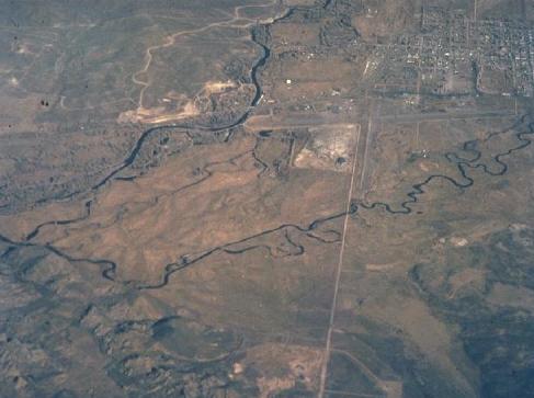 Aerial view of a river showing oxbow development, Near Gunnison Colorado.