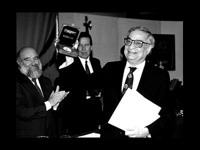 IMAGE: Ali Javan (far right, in 1993), one of the founders of the helium-neon or HeNe laser, passed away on Monday, September 12, 2016. (Image credit: http://alijavan.mit.edu/WPP61Bio.htm)