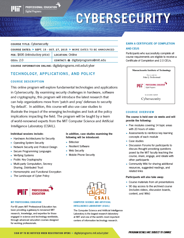 Link to flyer for Cybersecurity: Technology, Application, and Policy