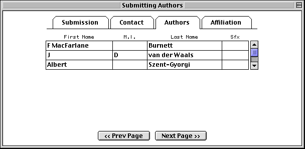Authors page has a spreadsheet
for entering an arbitrary number of authors.