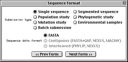 Sequence Format form has controls
for choosing the submission type and sequence data format.