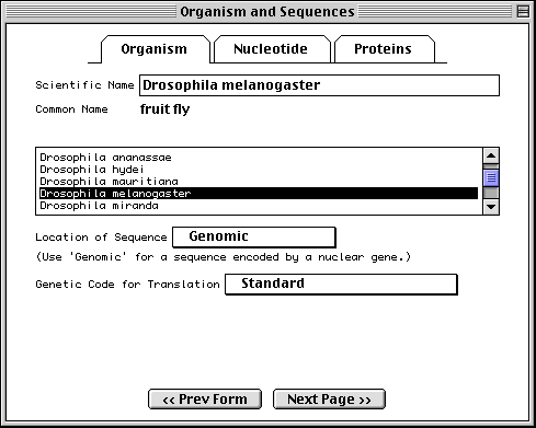 Organism page has fields for
Scientific Name, Location of Sequence, and Genetic Code for Translation