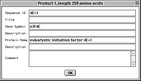 Product form has fields for
Sequence ID, Title, Gene Symbol, Protein Name, and Comment.