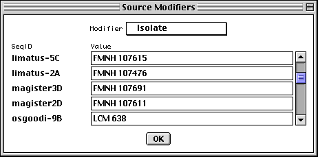 Source Modifiers form has a
spreadsheet for entering modifiers to each individual sequence.