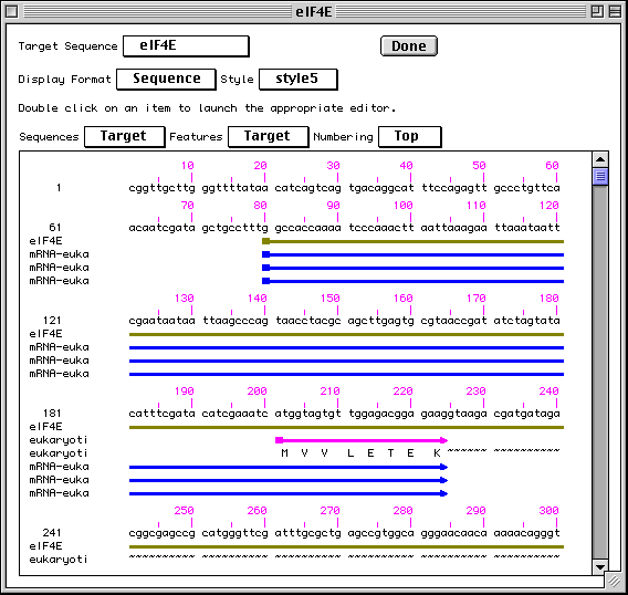Sequence format displays
feature locations on the actual sequence letters.