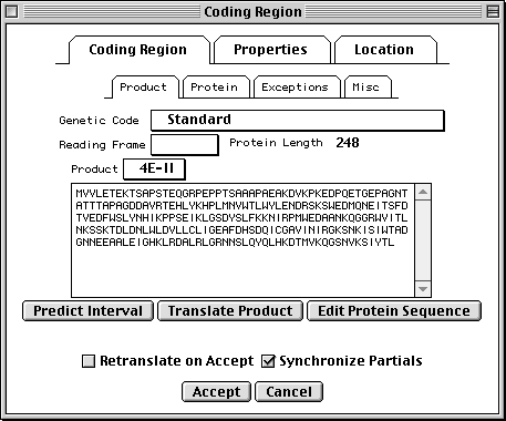 Coding Region page has small
folder tabs for Product, Protein, Exceptions, and Misc. Product subpage has
controls for Genetic Code, Predict Interval, and Translate Product.