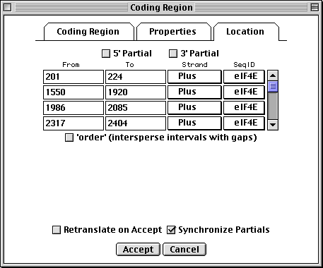 Location page has controls for
5 prime Partial and 3 partial Partial, and a spreadsheet for entering an arbitrary
number of intervals.