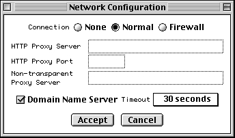 Network Configuration form has
buttons for Normal, Firewall, or No Connection.