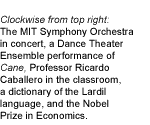 Clockwise from top right: The MIT Symphony Orchestra in concert, a Dance Theater Ensemble performance of Cane, Professor Ricardo Caballero in the classroom, a dictionary of the Lardil language, and the Nobel Prize in Economics.