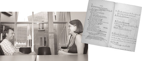 Left to right: Professor Steve Yablo and grad student Heather Logue chat in the new home of the Philosophy Program in MIT's Stata Center, and a Hamlet promptbook from the Shakespeare Electronic Archive. (Courtesy of the University of Pennsylvania, the Furness Shakespeare Library, and the Schoenberg Center for Electronic Text and Image.)