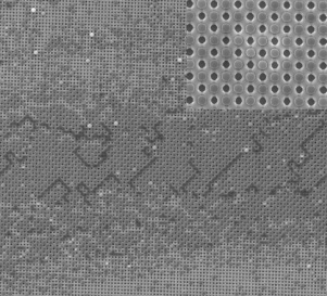 A snapshot from AMM&NS FRP: Deposition polystyrene spheres on template with square array of holes formed by interference lithography. Inset shows 50% occupied array in the banded region. Dark lines indicate closepacked regions